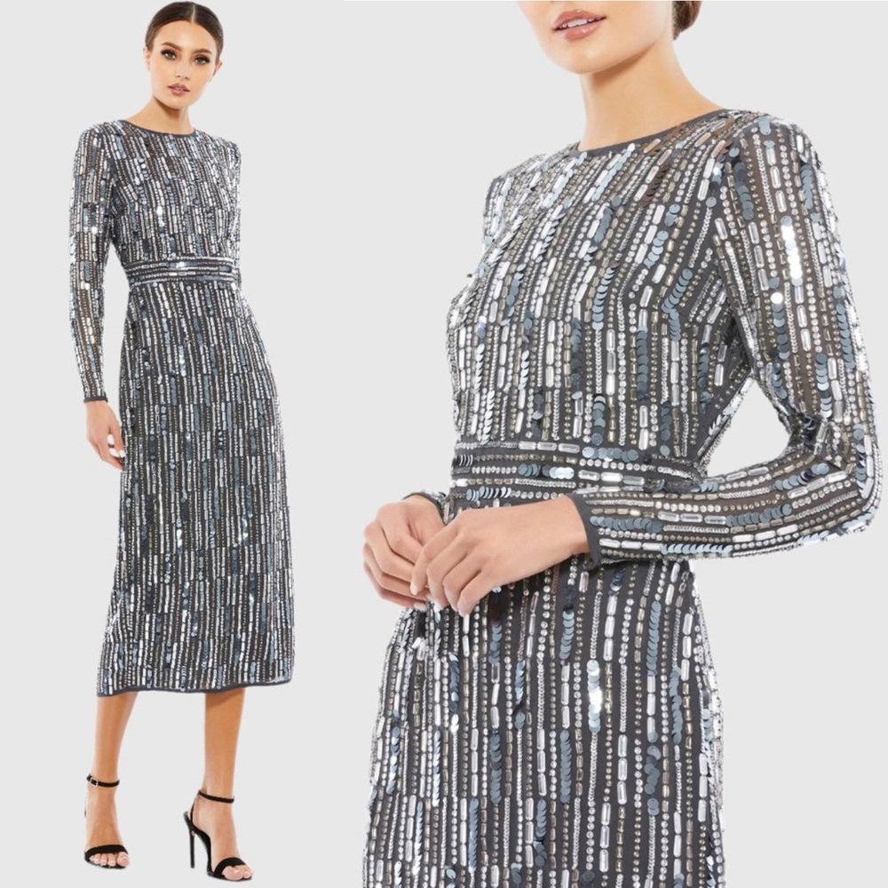 Mac Duggal Embellished High Neck Long Sleeve Fitted Dress Size 8 NEW Retail $458